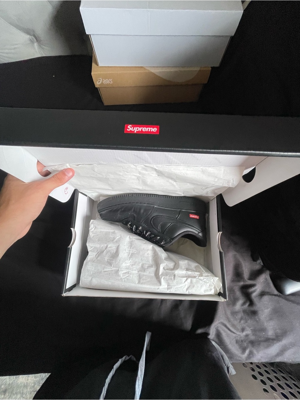 Supreme Black Low-Top Leather Sneakers with Red Logo